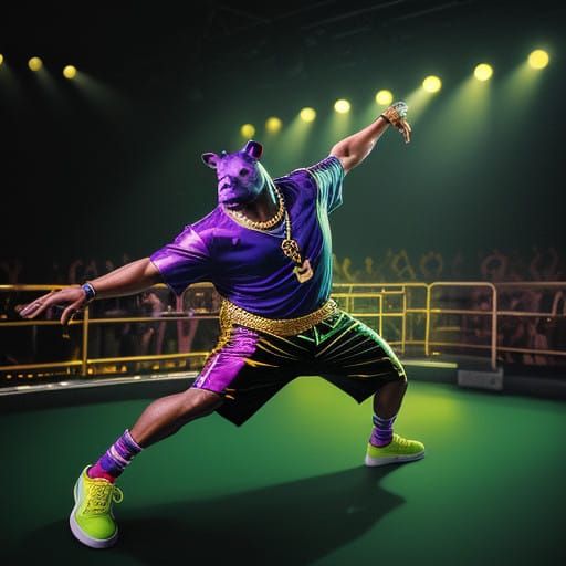 Hip Hop Hippopotamus in Neon Dance Floor Scene