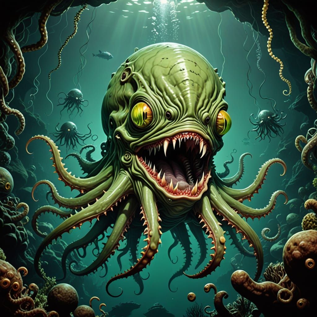 Cthulhu's Abyssal Realm in Psychedelic Horror Style