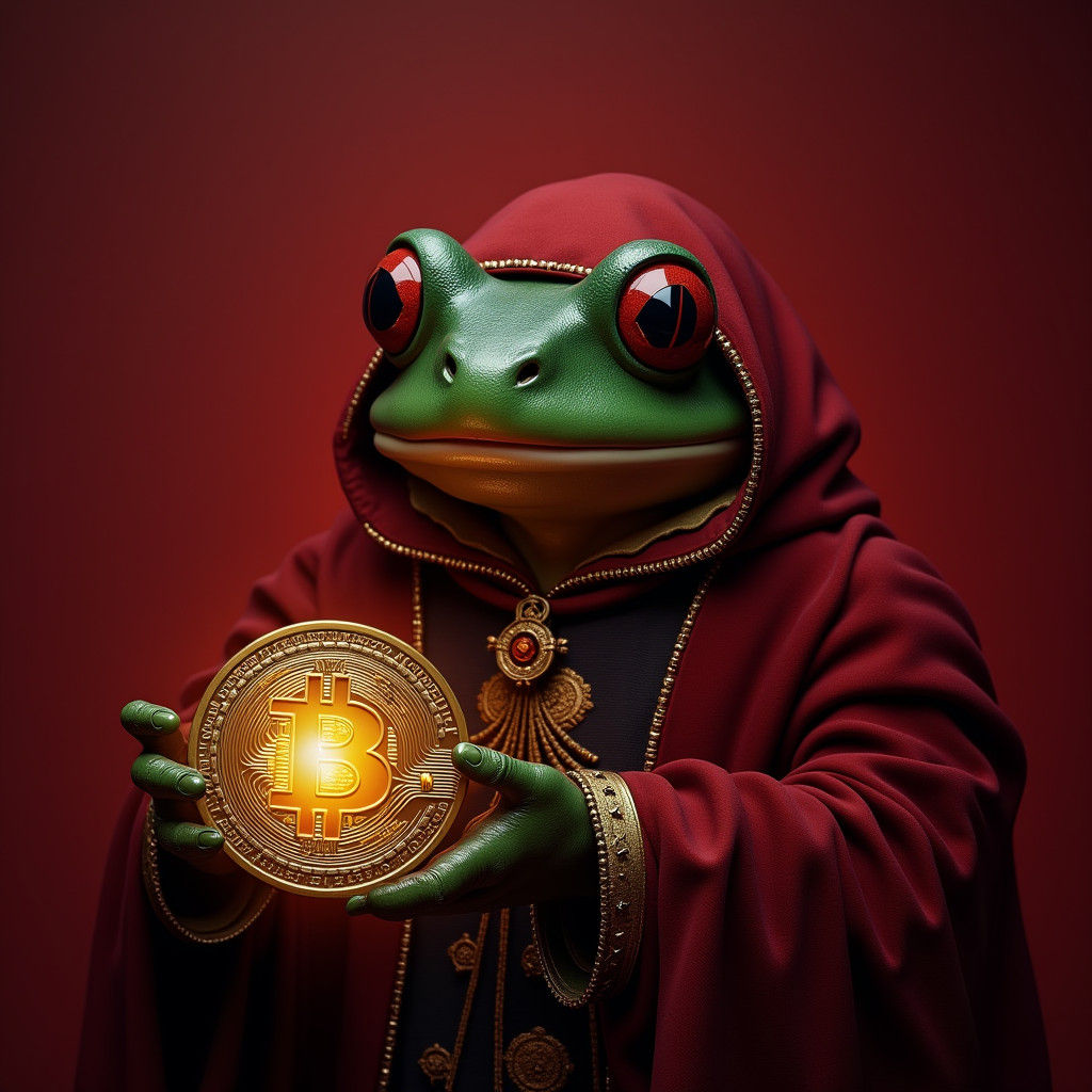 Pepe the Frog Holding Bitcoin in Fantasy Art Style