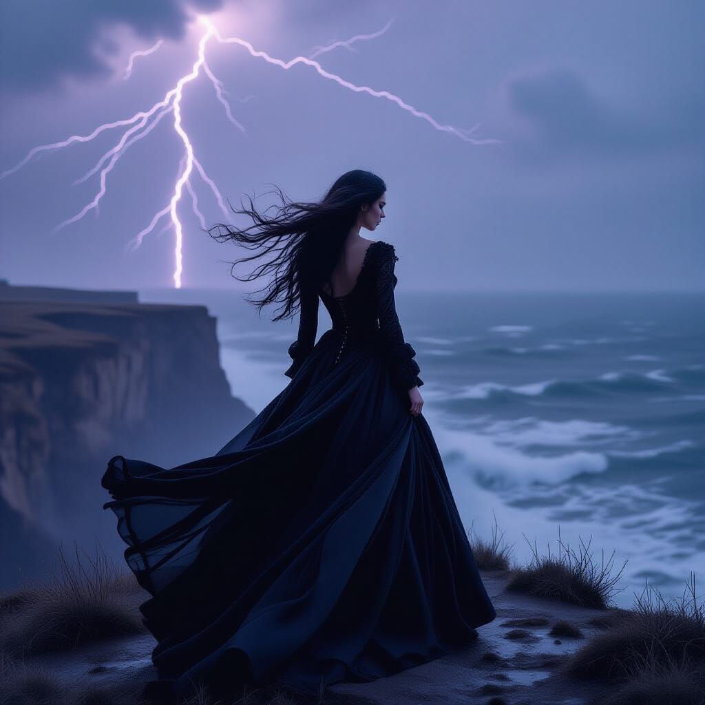Woman on Windswept Cliff, Gothic Style