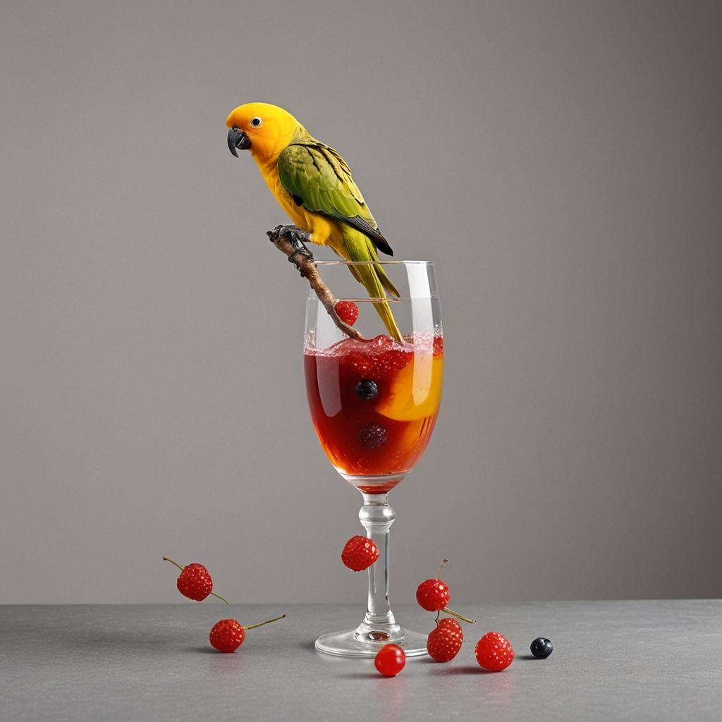 Yellow Parrot on Berry Juice Glass