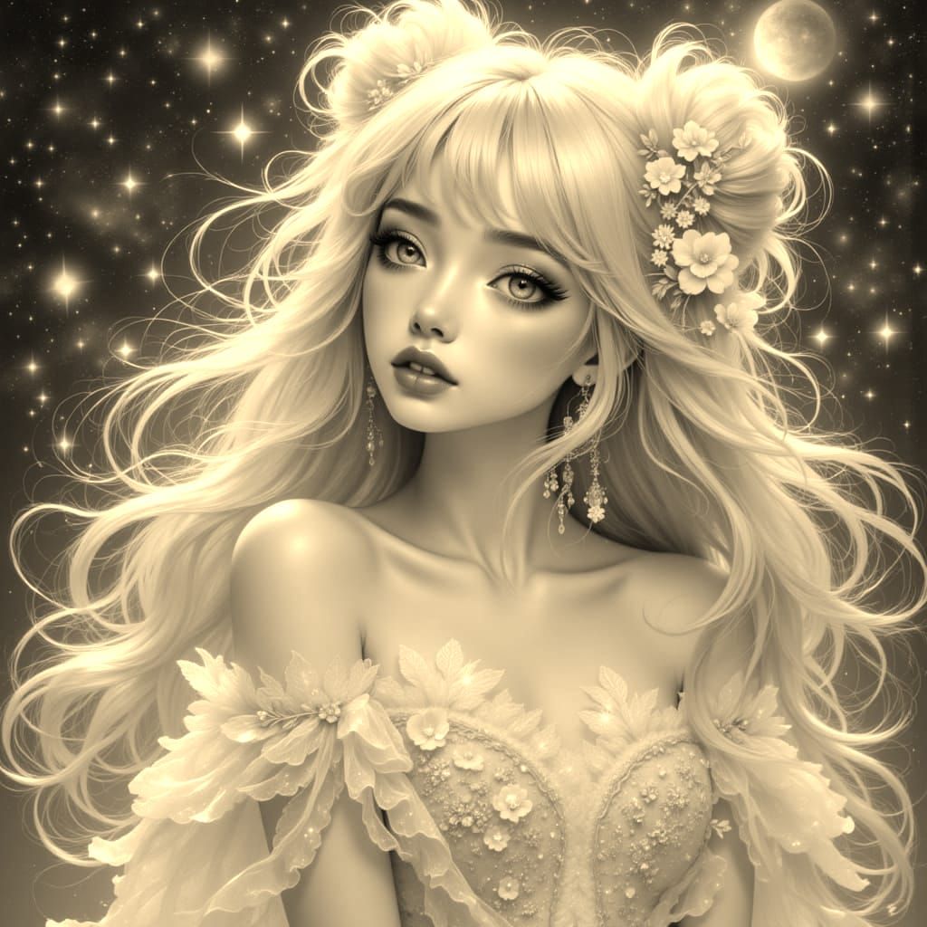 Ethereal Doll Woman with Galaxy Background as Digital Art