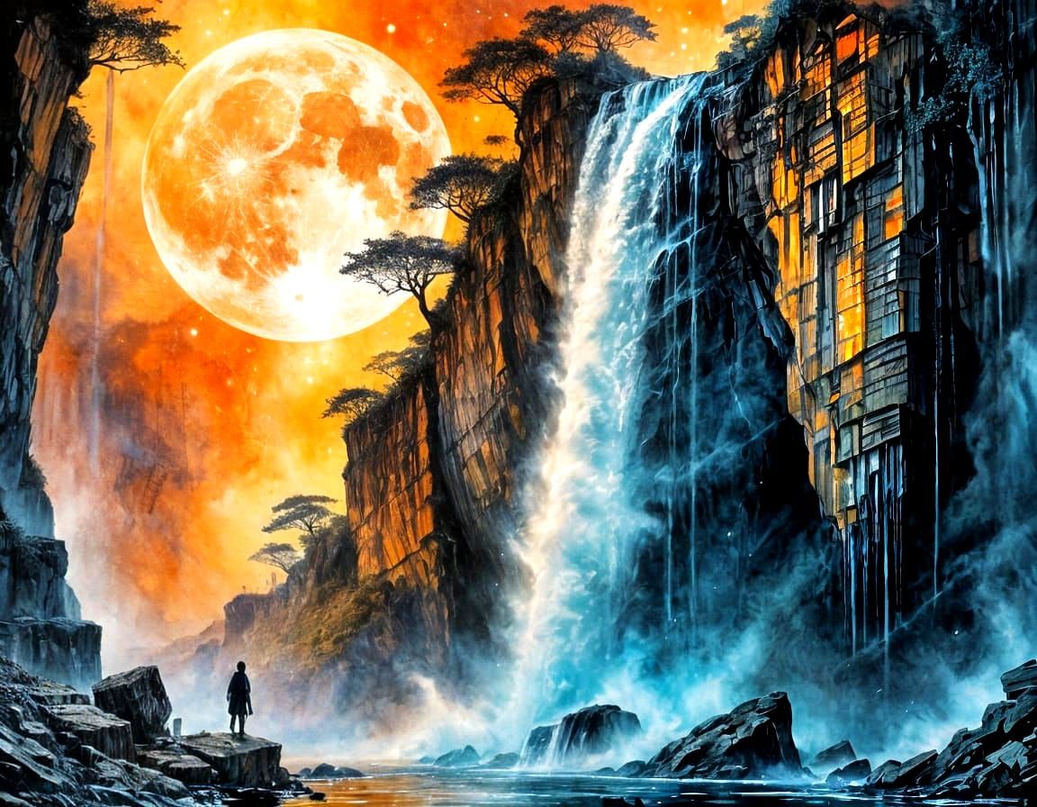 Moon Waterfall in Stencil Style