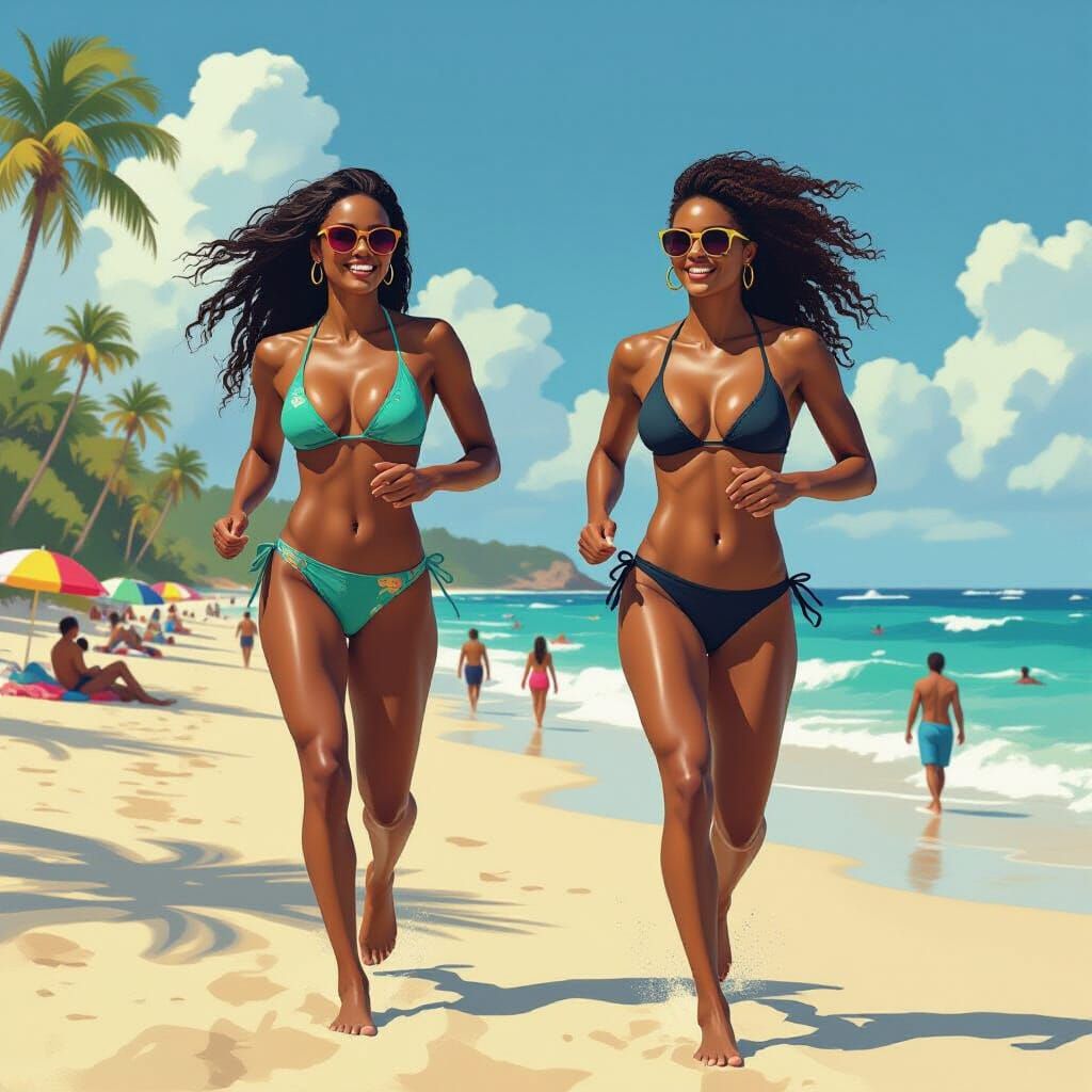African Bikini Models Jogging on Vibrant Beach