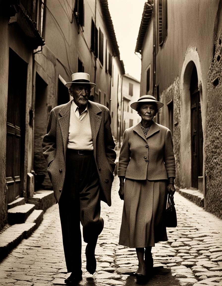 Elderly Couple in Italy, 1950s Lith Print