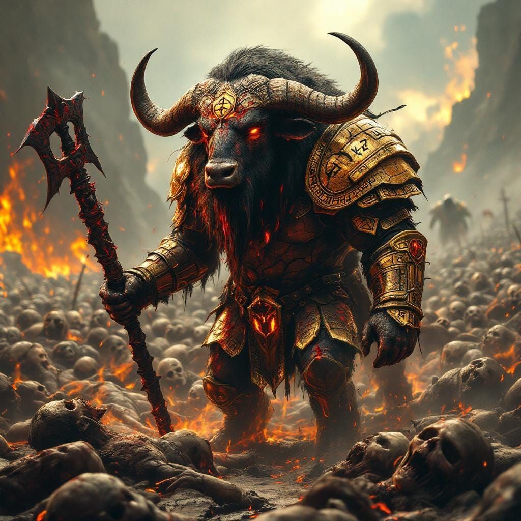 Buffalo God in Gold Armor with Lava Glow, Battlefield Scene