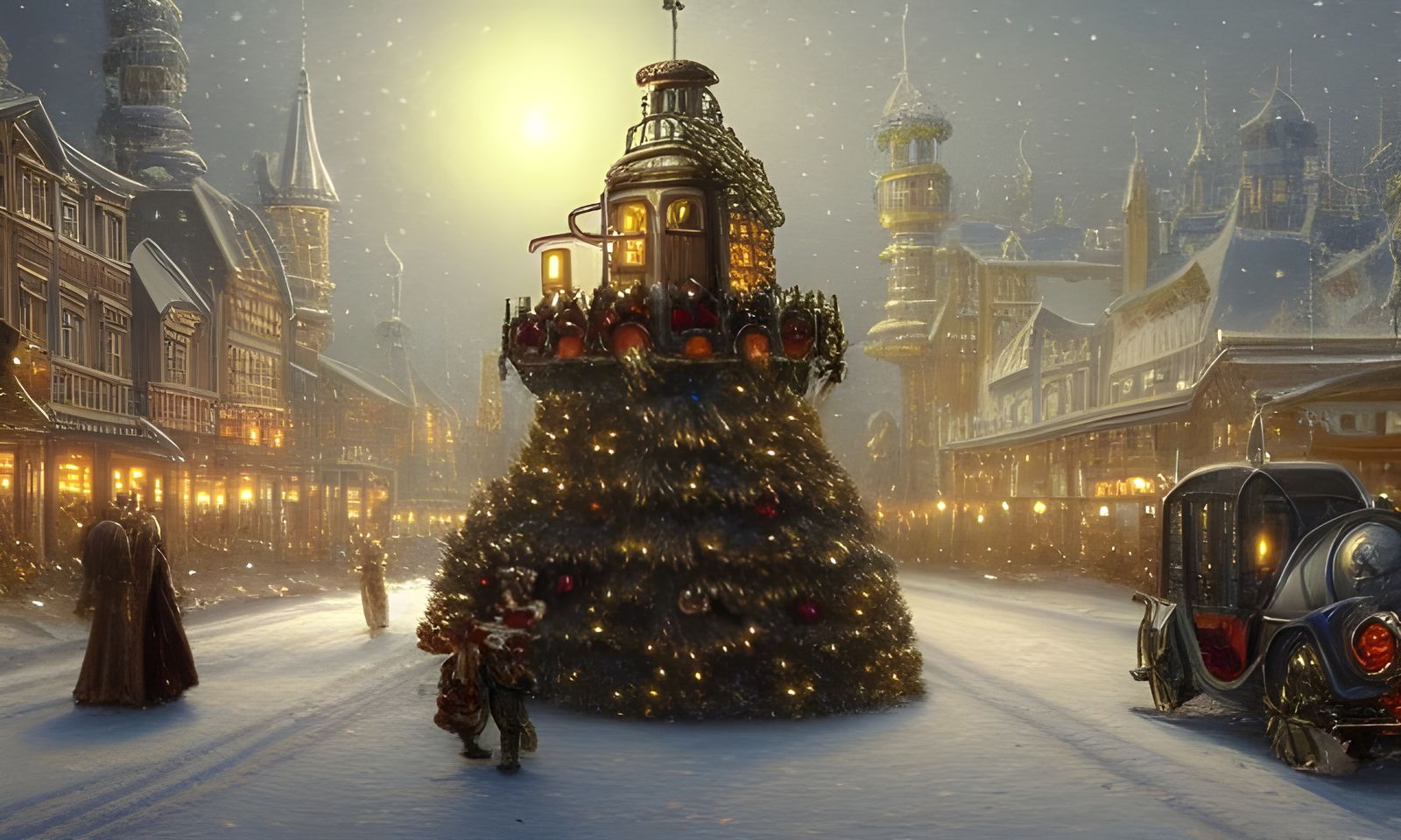 Steampunk Christmas Scene: Intricate Festive Concept Art
