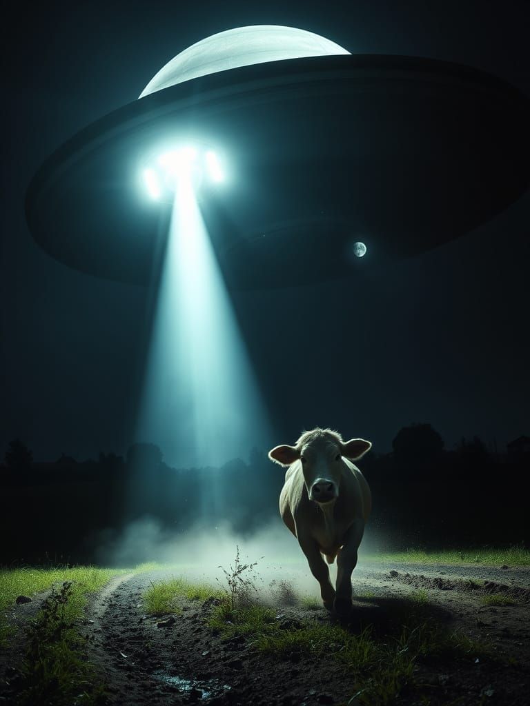 Alien Spaceship Abducts Cow in Eerie Countryside Night