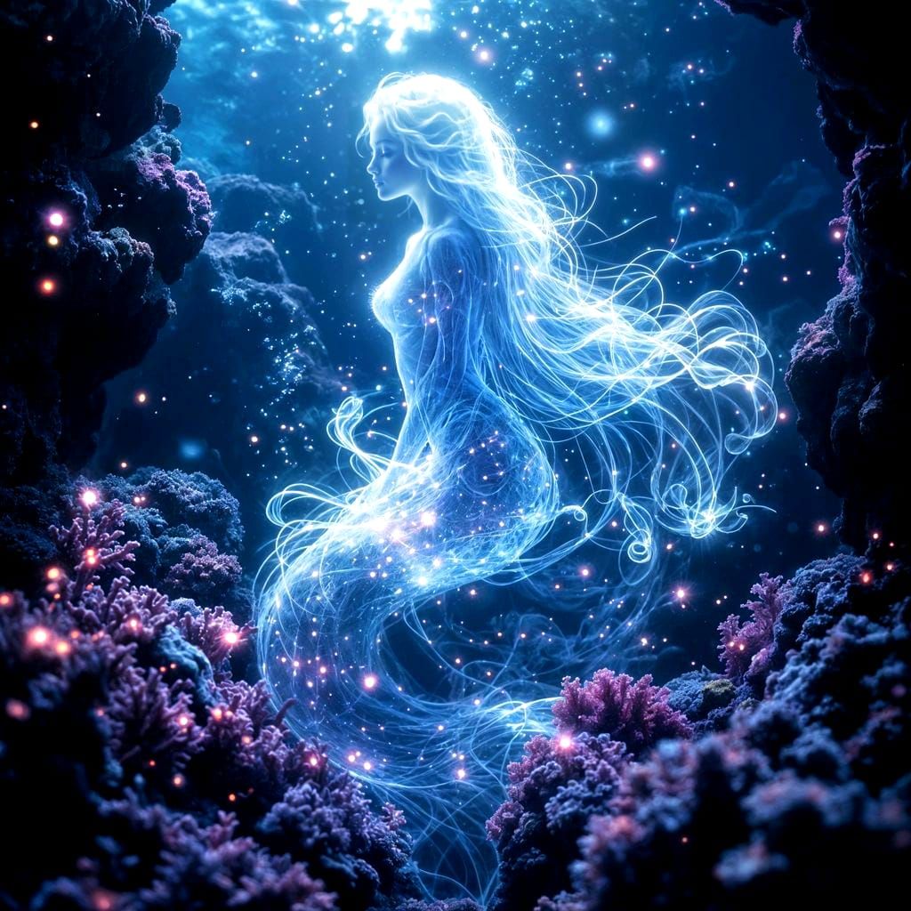 Ethereal Mermaid's Glowing Coral Reef Abode