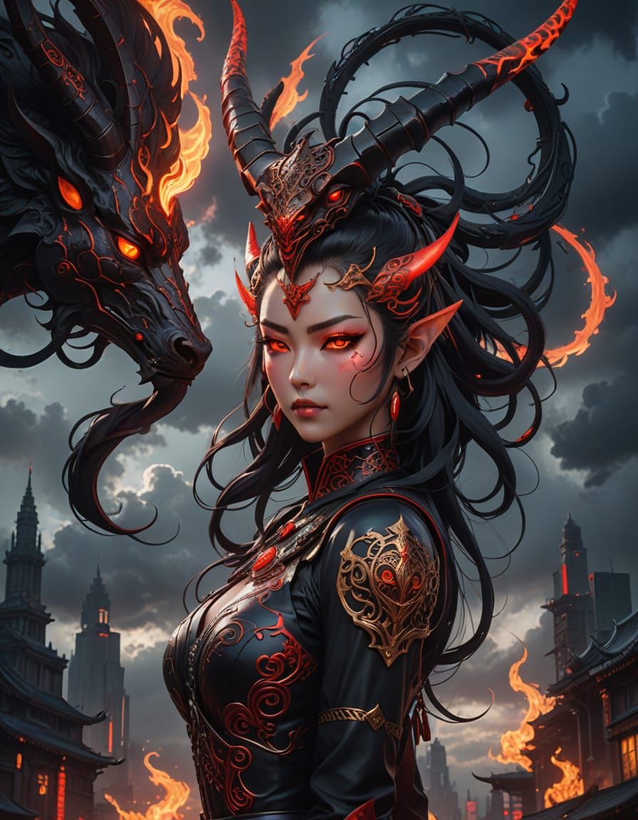 Cyberpunk Anime Goddess with Bright Red Horns and Fiery Eyes