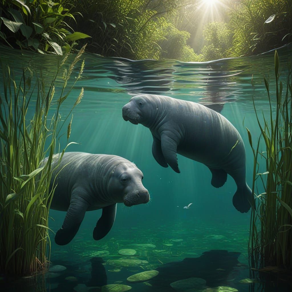 Manatees Glide in Serene River Sanctuary Digital Painting