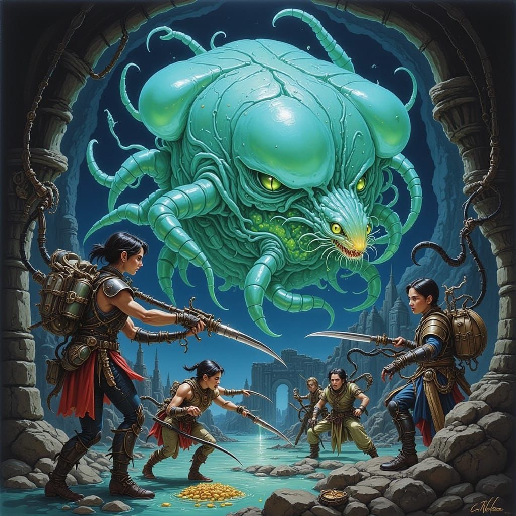 Fantasy RPG Heroes Battle Giant Cube Slime in Ancient Ruins