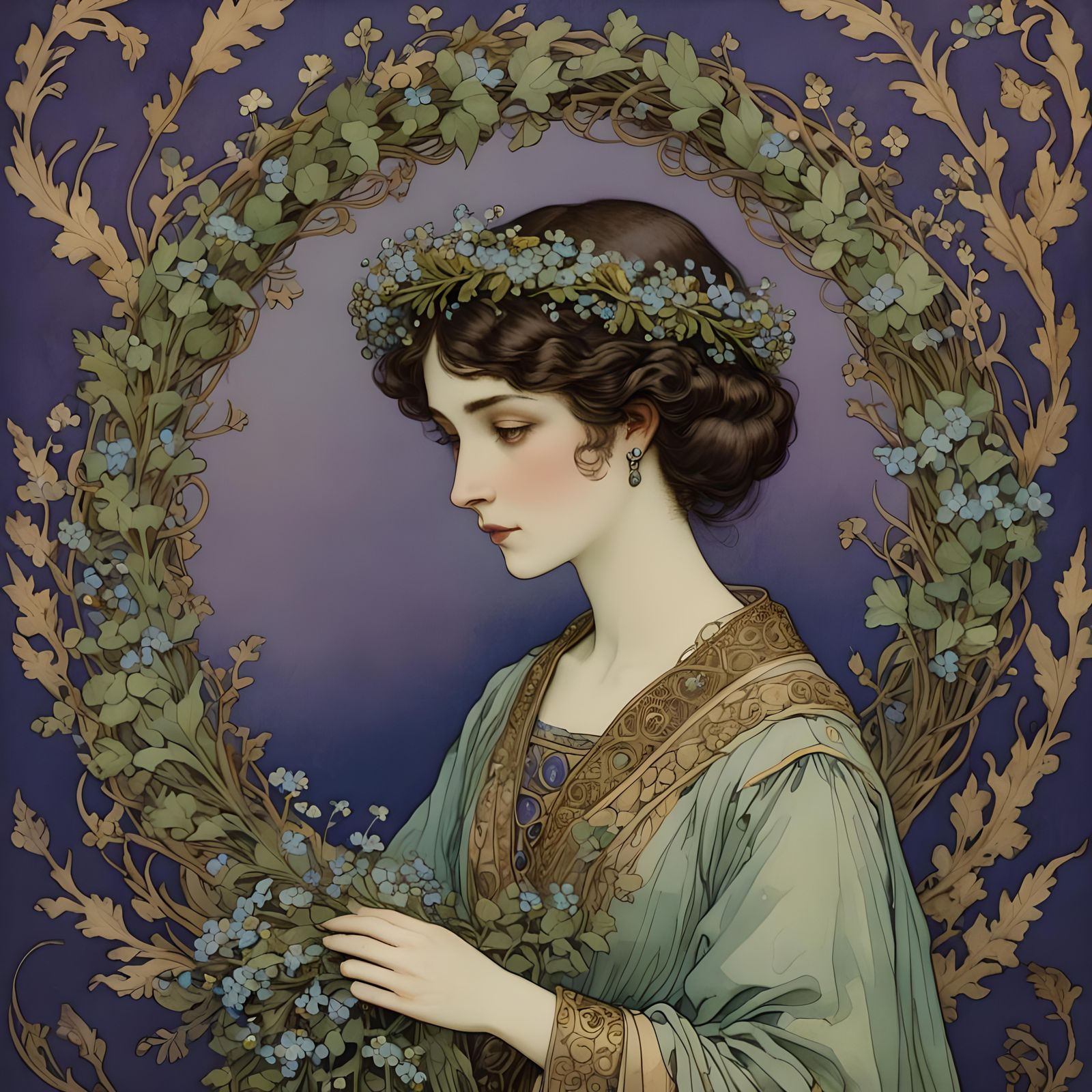 Woman in Forget-Me-Not Wreath, Illustrative Style