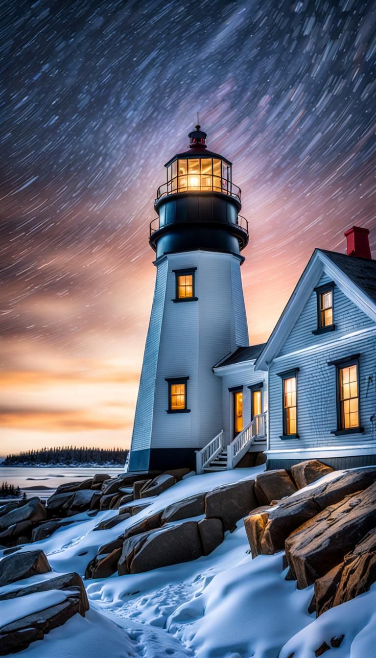 Maine Lighthouse Under Starry Winter Sky