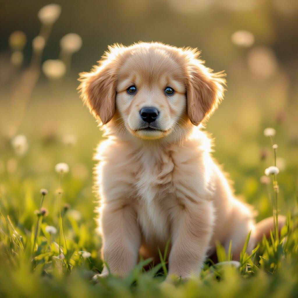Cute Golden Retriever Puppy in Sunlit Meadow