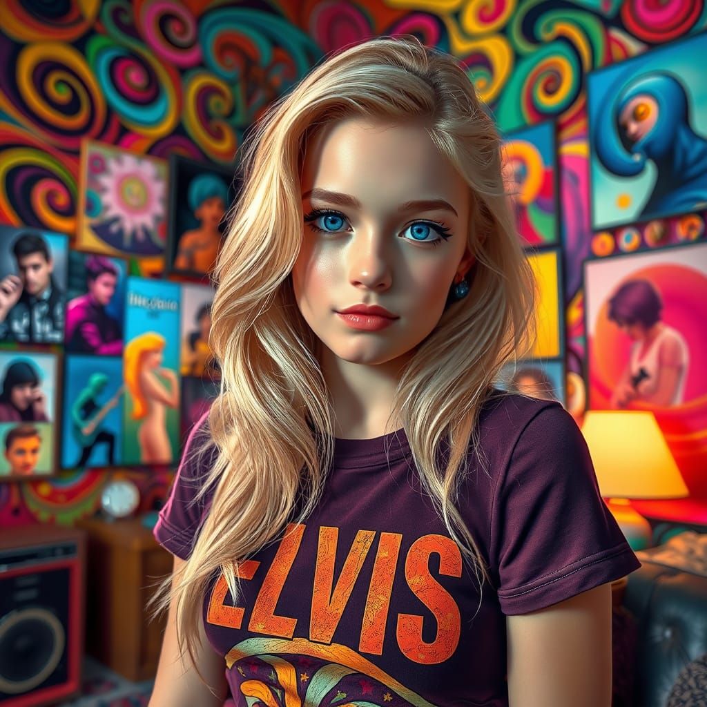 Blonde Girl in Colorful Room with Band Pictures