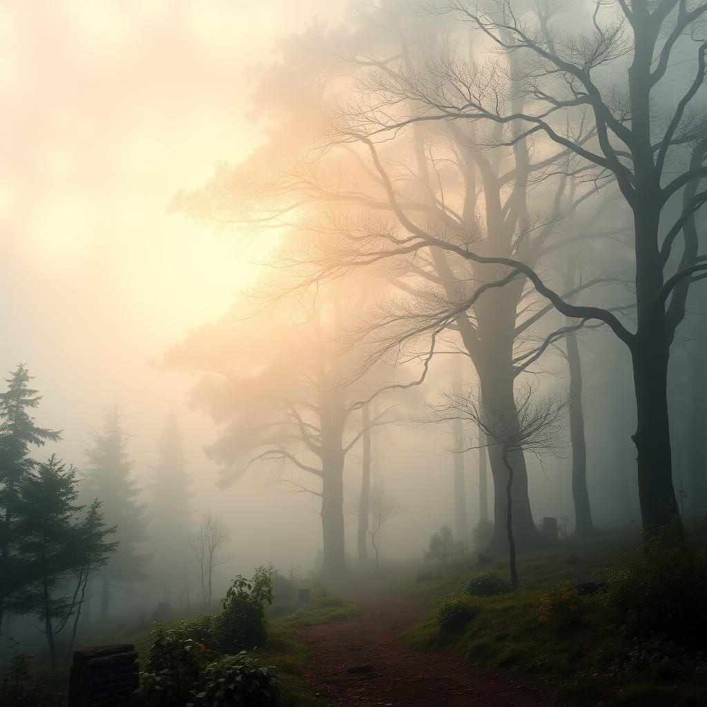 Ethereal Foggy Forest Landscape at Dawn