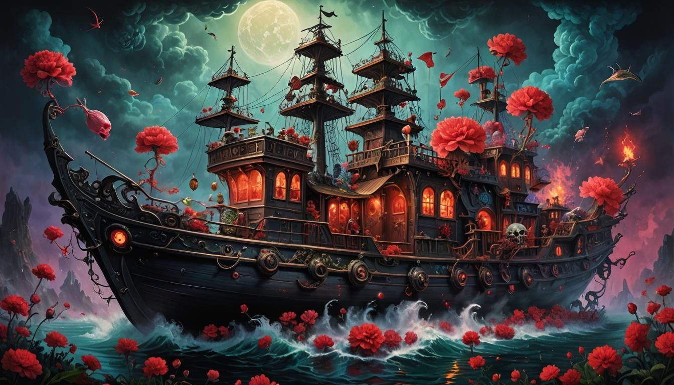 Chiaroscuro Boat of Skulls and Magical Mist