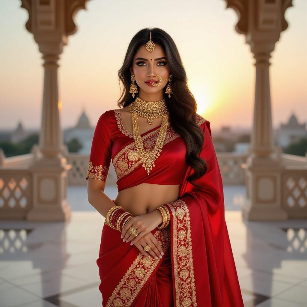 Radiant Indian Bride in Red Saree at Sunset