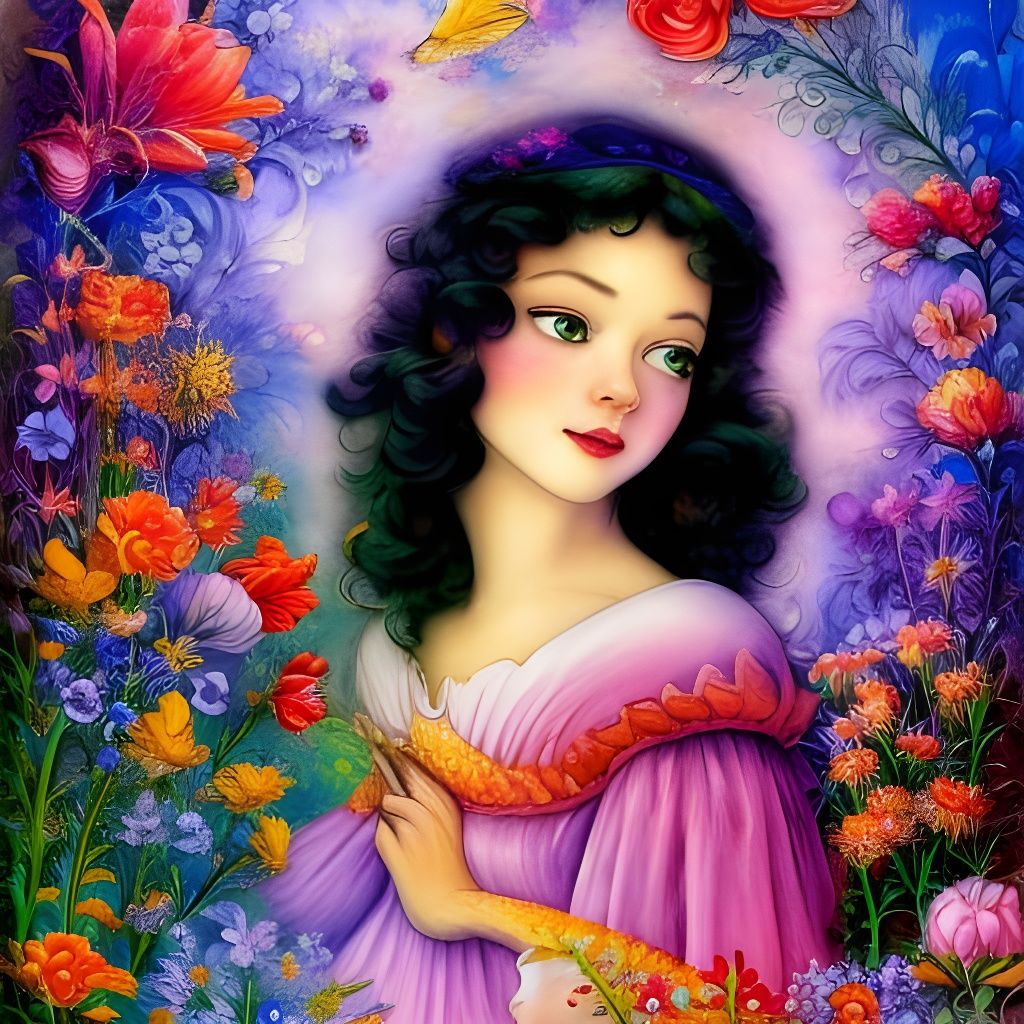 Snow White with Flowers in Gouache Style