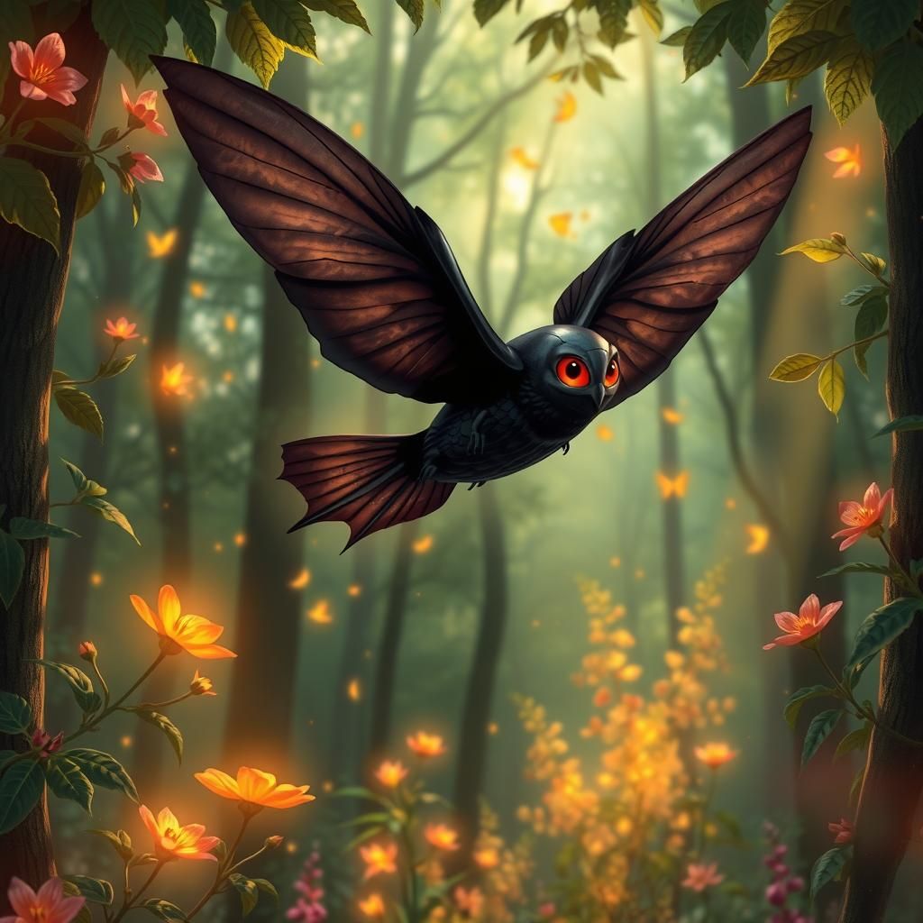 Eine Fledermaus fliegt durch einen magischen Wald, der von l...