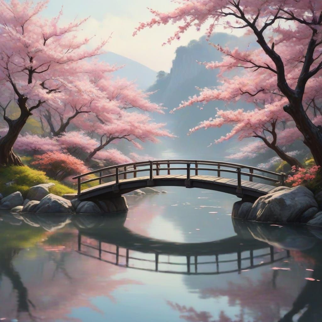 Surreal Cherry Blossom Bridge in Traditional Japanese Style