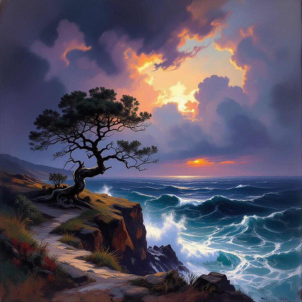 Ancient Tree on Windswept Cliff Overlooking Stormy Sea