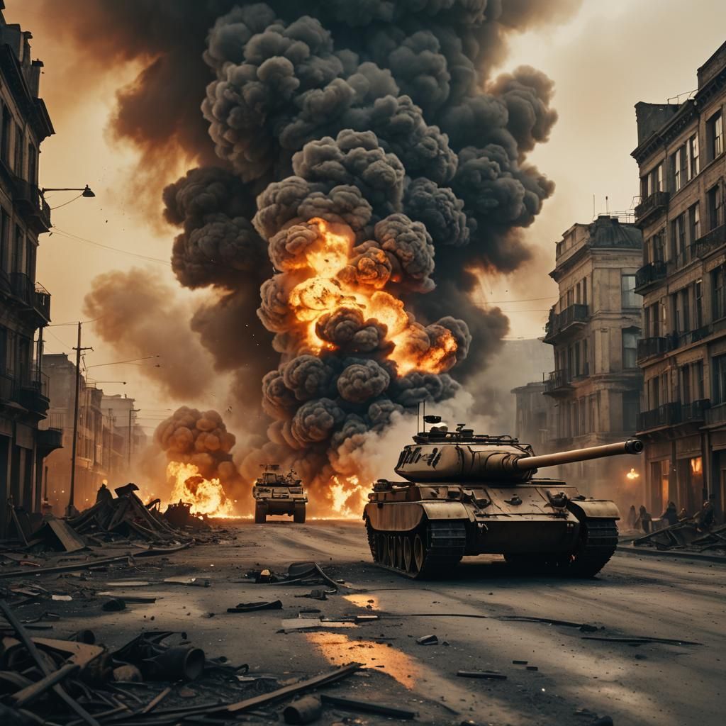 Rebel Tank Ablaze in War-Torn City