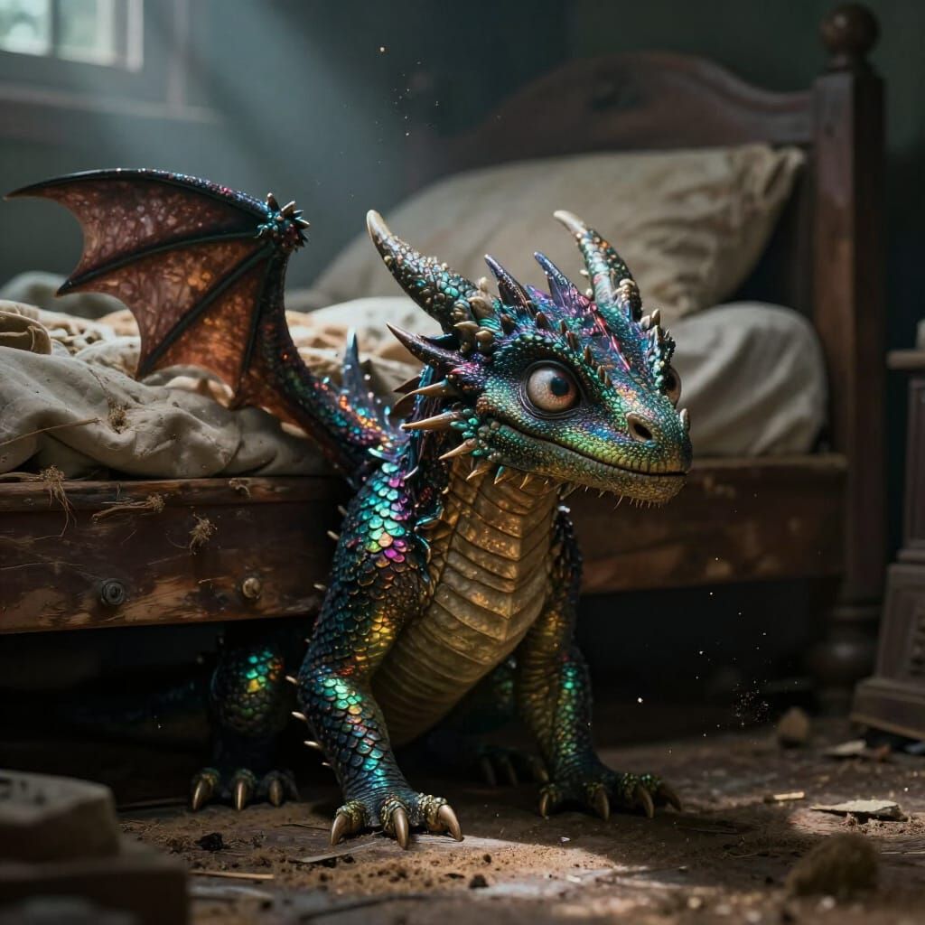 Hyperrealistic Dragon Child Hiding Under Old Bed