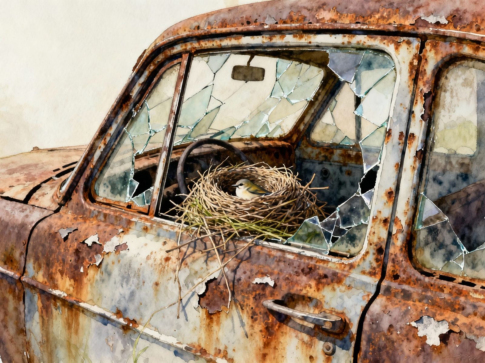 Bird Nest in Rusted Car, Meticulously Detailed Art