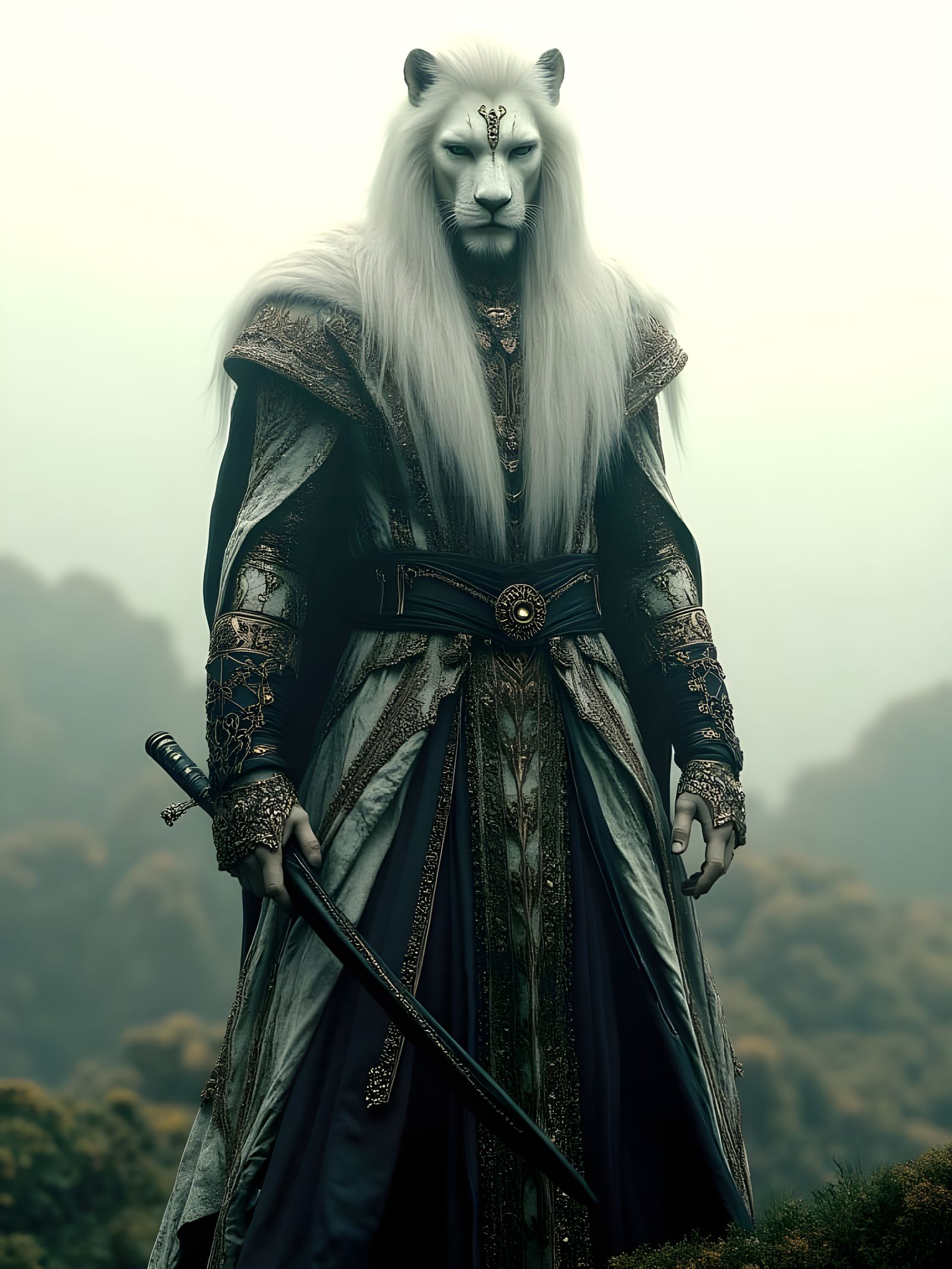 Majestic Lion Guardian in Embroidered Garments