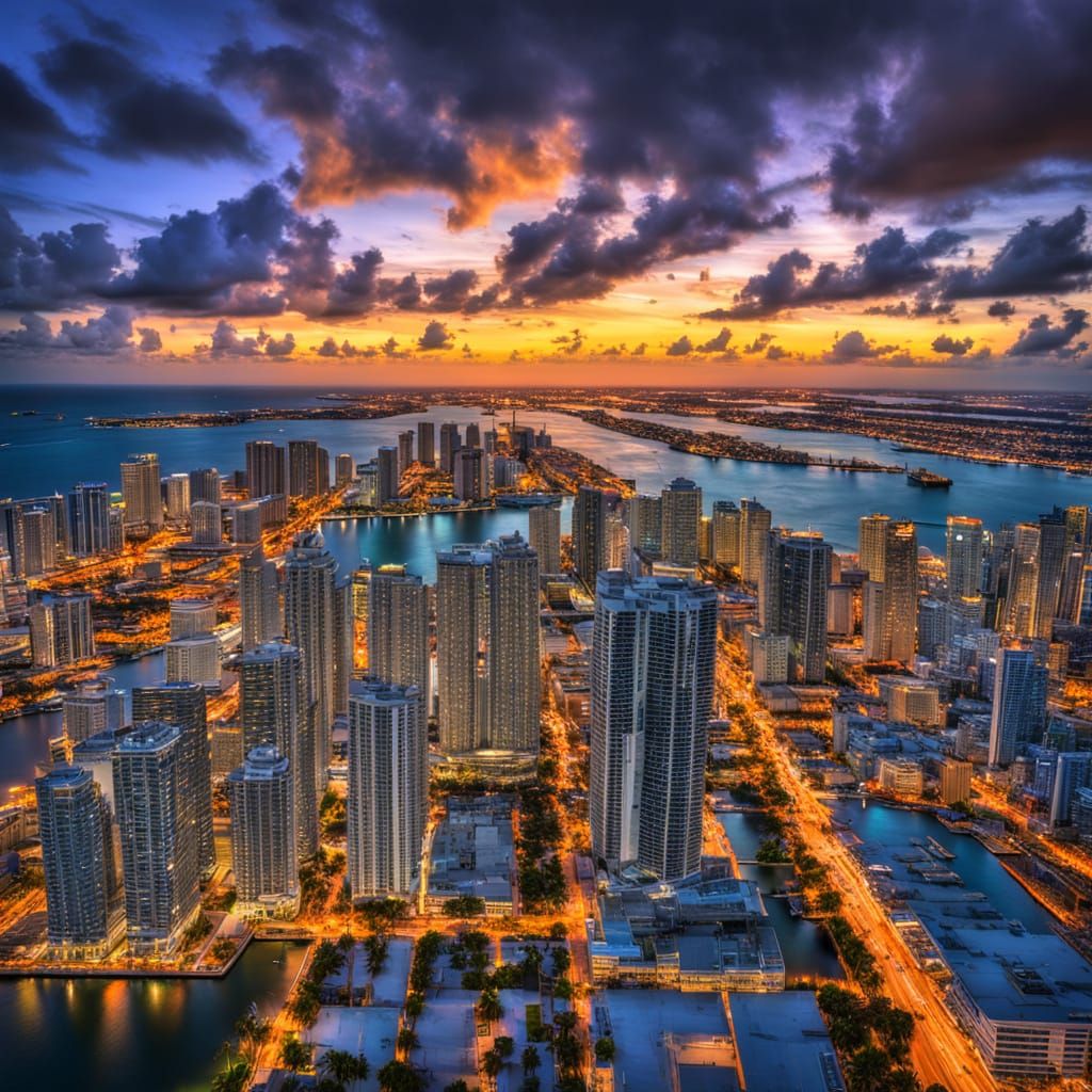 Shimmering miami nights city Skyline glowing breathtaking sunset