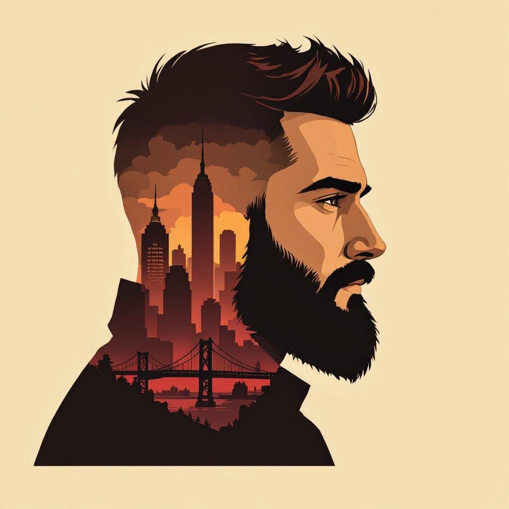 Man's Profile Merges with Cityscape in Minimalist Poster