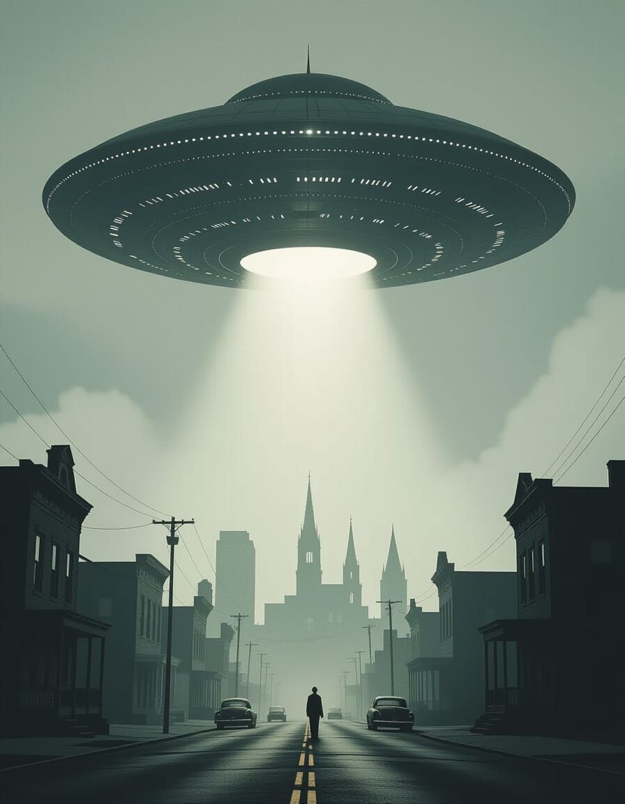 Alien Spaceship Over Town in Film Noir Style