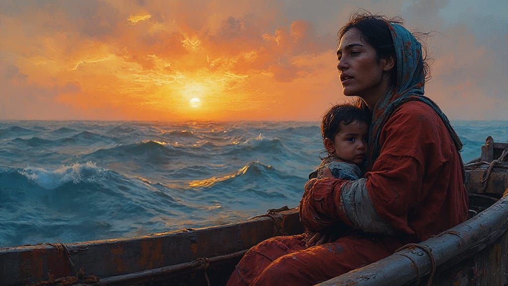 Mother and Child Refugees on Overcrowded Boat