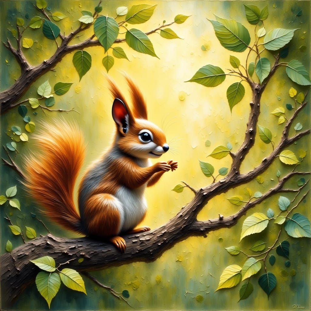 Squirrel in Sunlight: Impressionist-Style Digital Painting