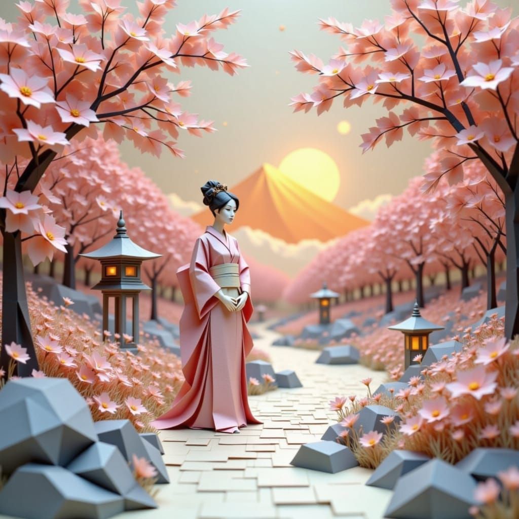 Origami Geisha in Serene Japanese Garden