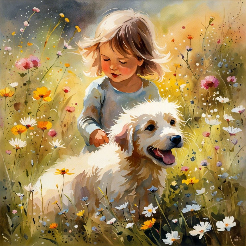 Toddler and Dog in Flower Meadow Watercolor
