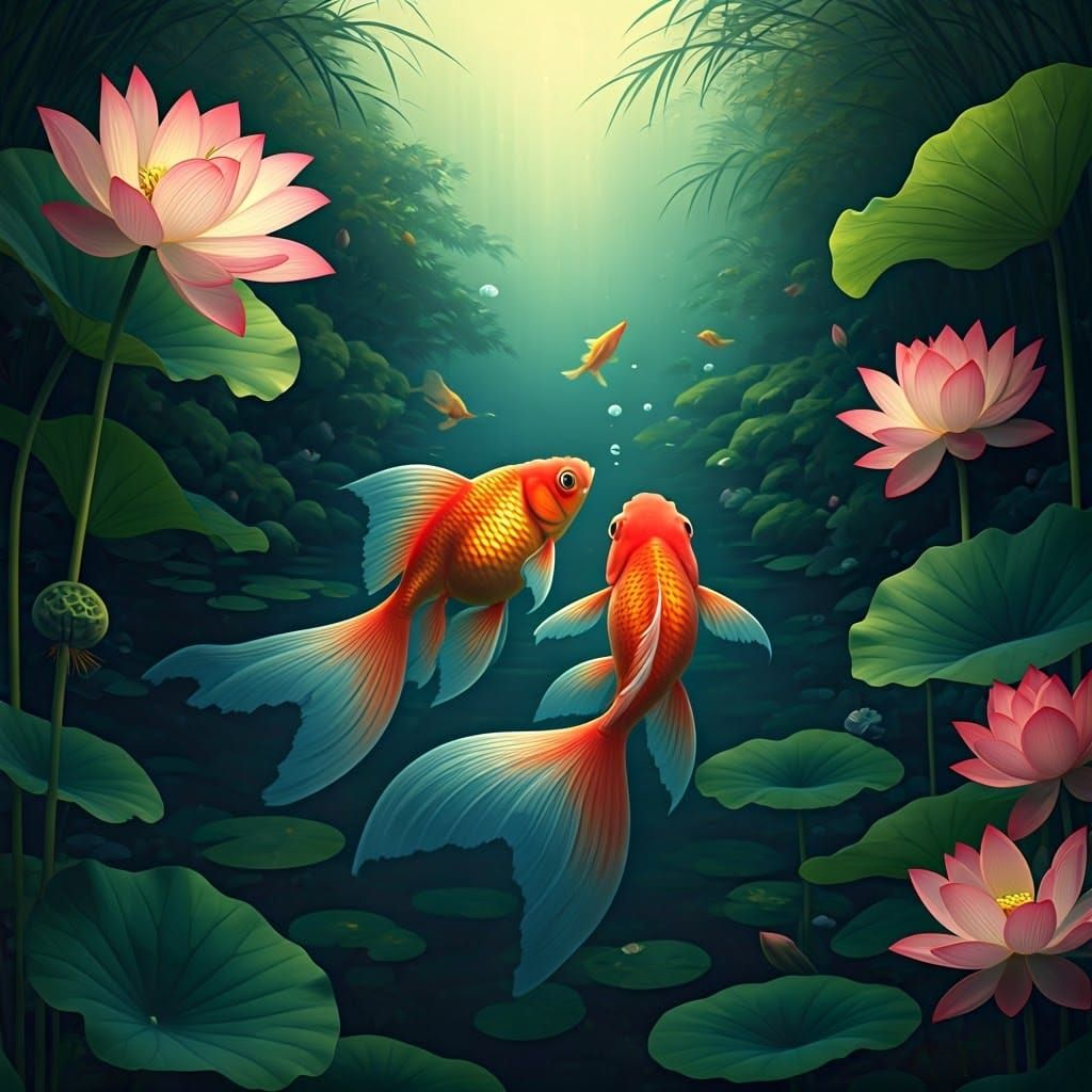 Goldfish in Japanese River, Ukiyo-e Style
