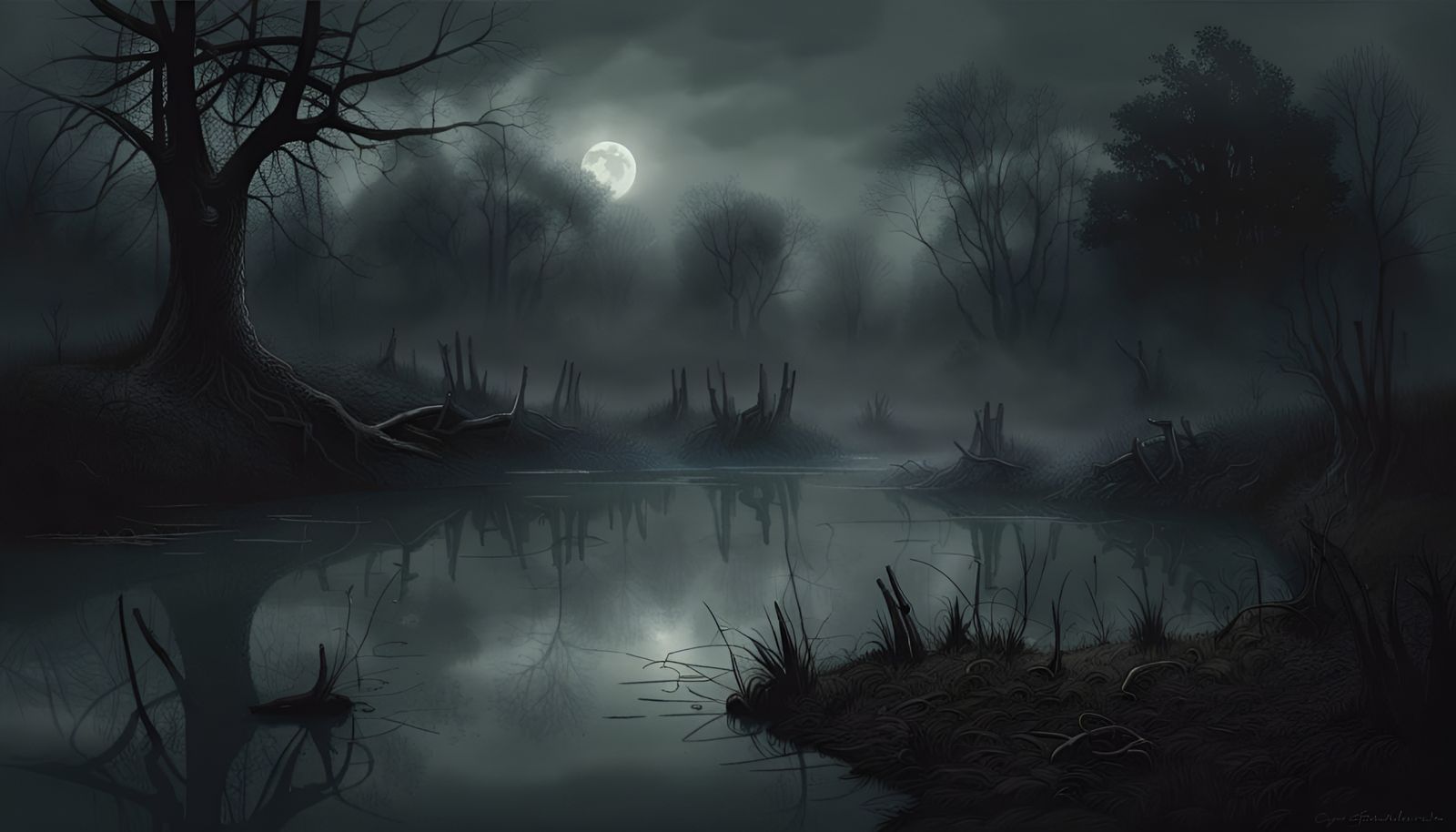 Eerie Foggy Pond at Night in Horror Style