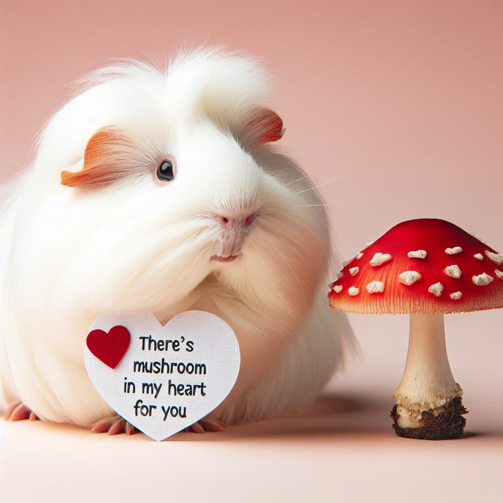 Fluffy Guinea Pig with Mushroom and Heart Sign