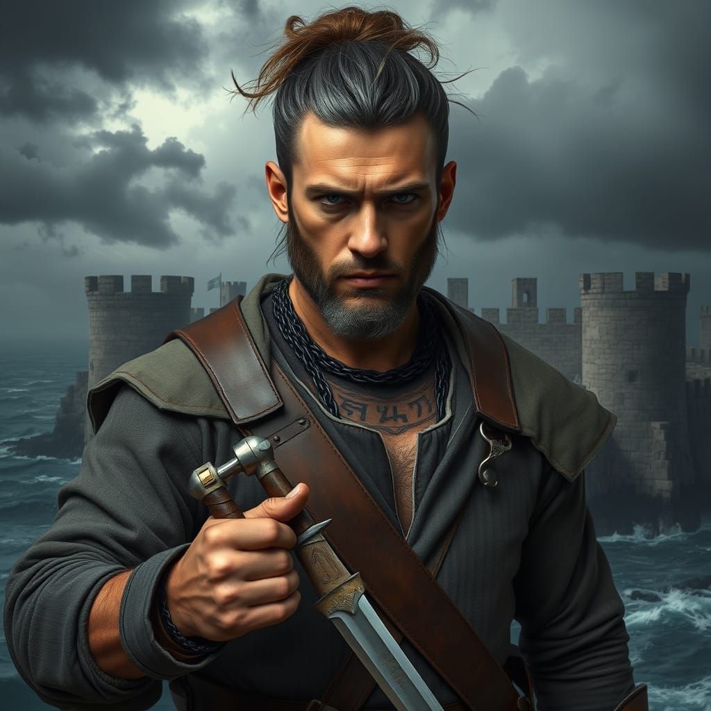 Rugged Rogue Amidst Dark Fantasy Landscape