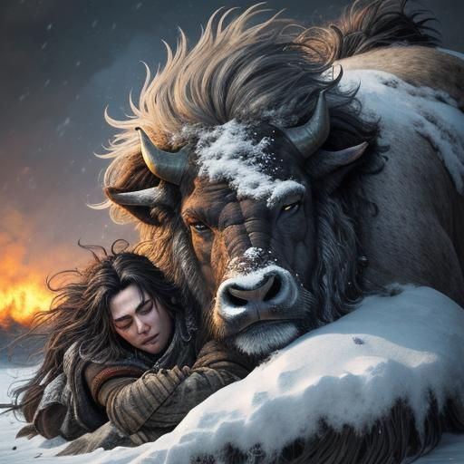 Buffalo Sheltering Child in Snowstorm, Rustic Fantasy