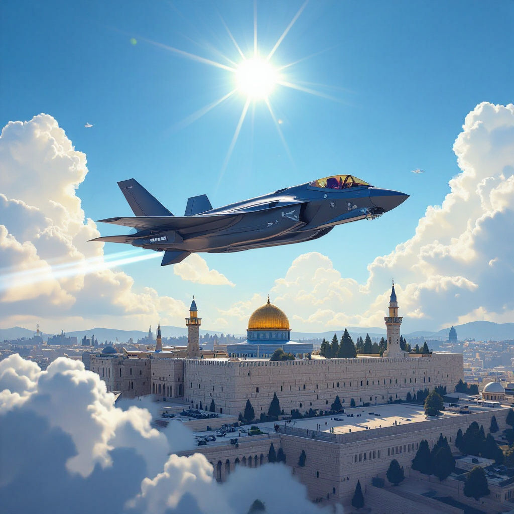 F35 Jet Soaring Above Temple Mount in Futuristic Style