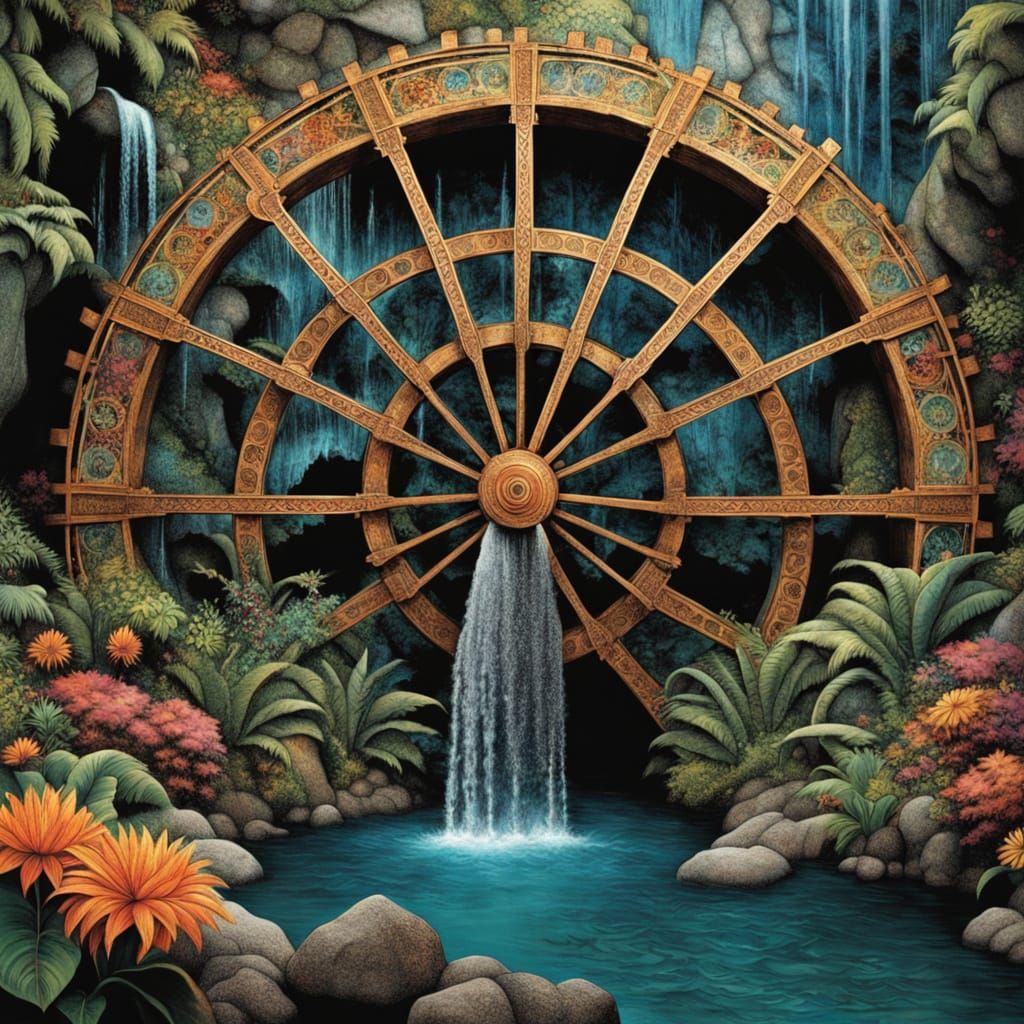 Glowing Waterwheel in Bioluminescent Cavern, Inspired by Kli...