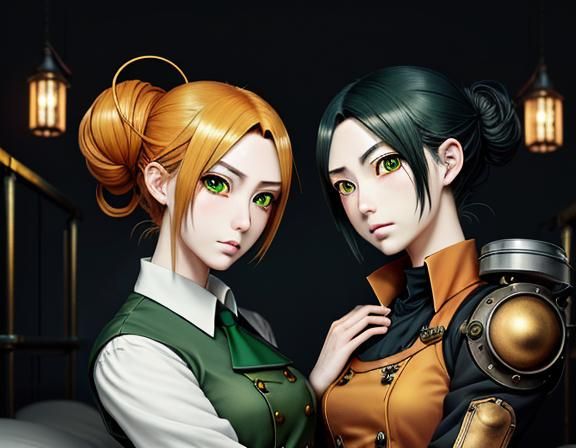 Kemono Twin Sisters Kissing in Steampunk Manga Style