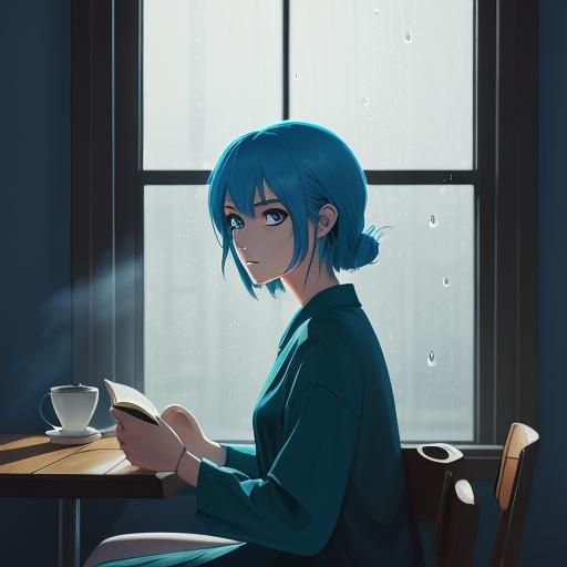 Young Woman Reading in Rainy Cafe, Watercolor Realism