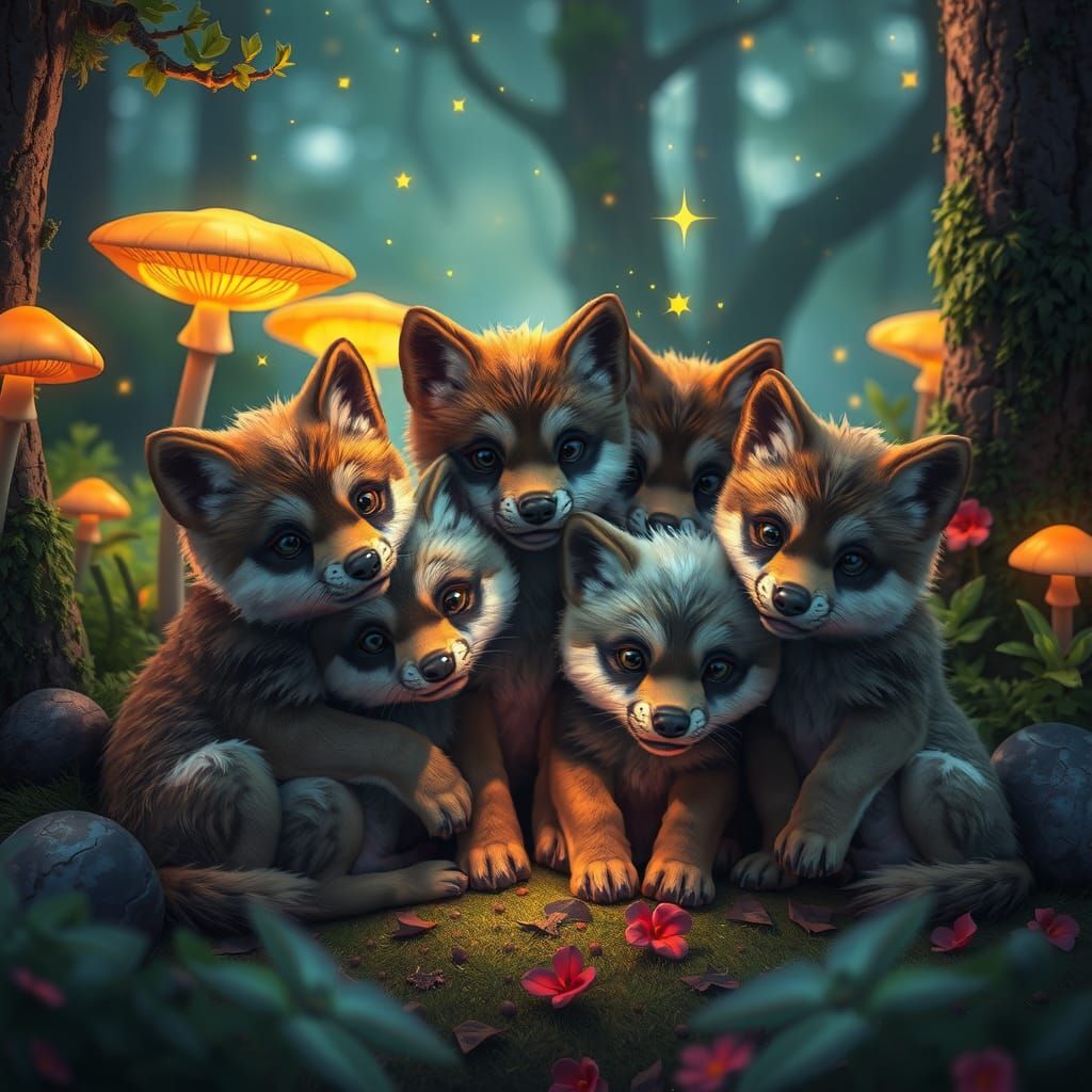 Adorable Wolf Pups in Mystical Forest, Fantasy Art