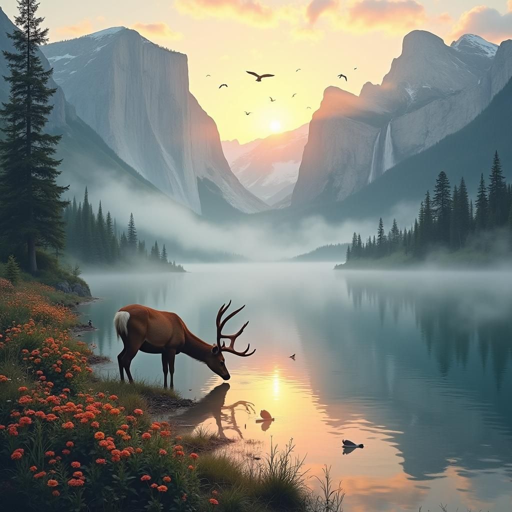 Sunrise Scene with Deer at Mountain Lake