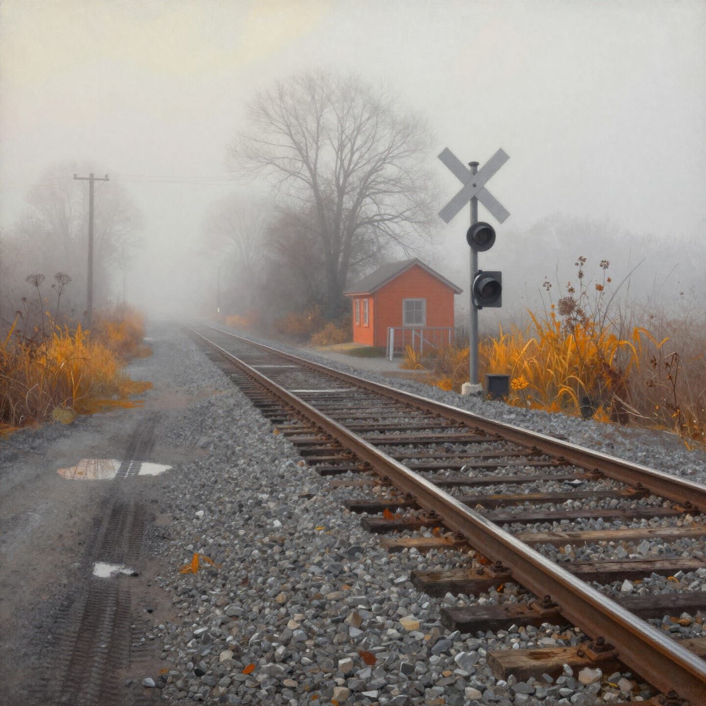 Atmospheric Railroad Crossing in Lyrical Realism Style